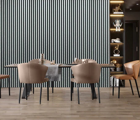 Marble grey slatted wall panels in a modern interior setting