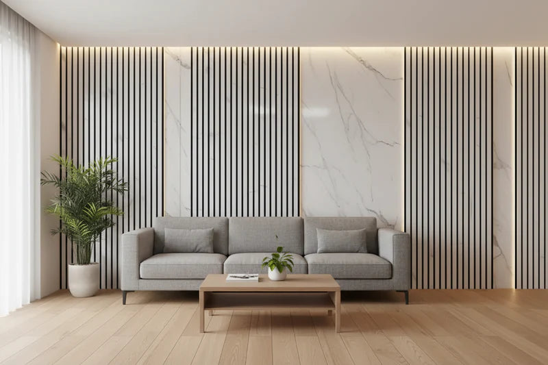 Marble-white slatted wall panels installed in a contemporary living room, demonstrating bright, modern finish, vertical slat design, and improved sound absorption for residential interiors. solid furniture UK
