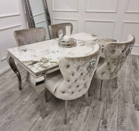 Louis Pandora Marble Dining Table With Beige Dining Chairs
