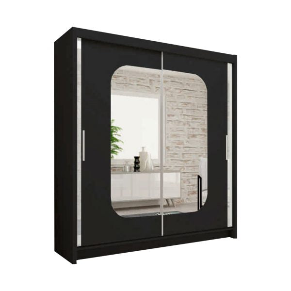 Marika black sliding wardrobe with full-length mirrored doors in modern bedroom