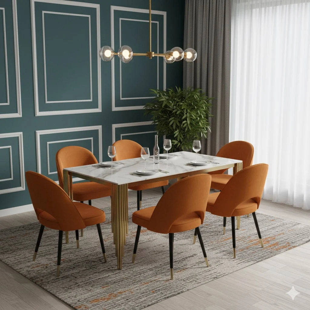 Mayfair gold dining table with chairs in a modern UK dining room, Solid Furniture UK