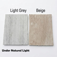 MCM Travertine stone sample in Beige and Light Grey, back side shown under natural light, Solid Furniture UK