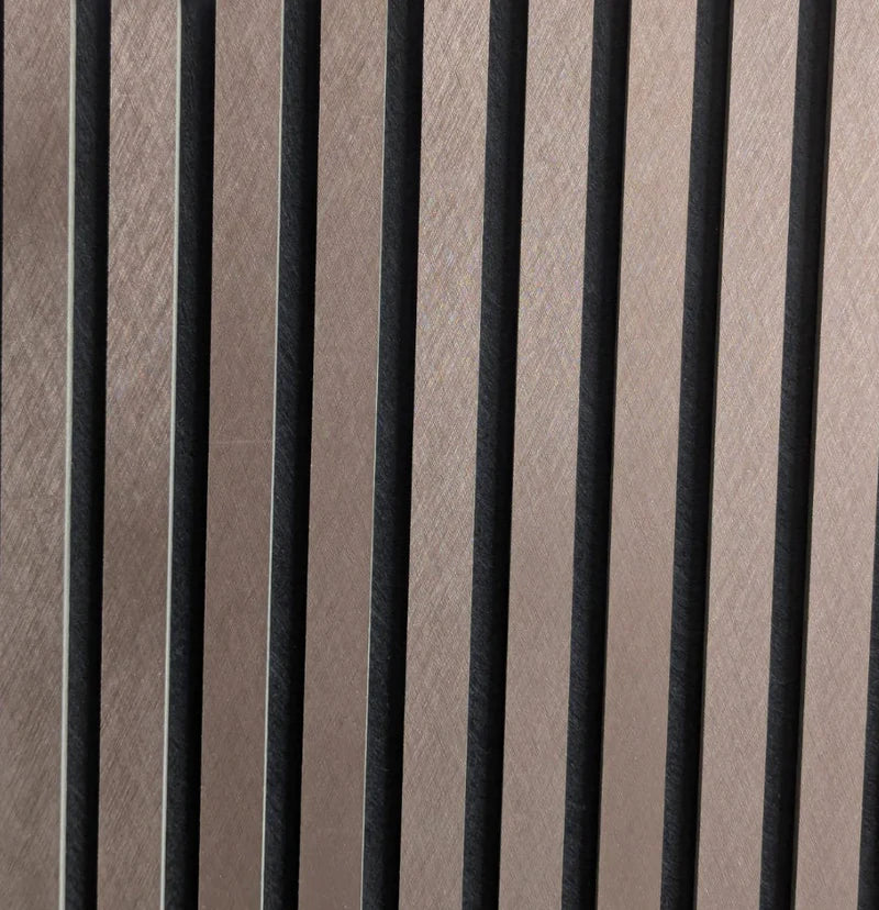 Angled perspective of metallic brown acoustic wall panels 60x240 by Solid Furniture UK showing depth, slatted structure, and modern design