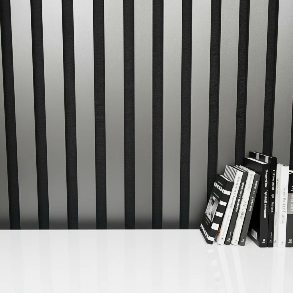 Close-up of metallic dark grey slatted wall panel, highlighting the slim slat design, 2.5 cm width, 1.5 cm spacing, and textured HDF finish. solid furniture UK