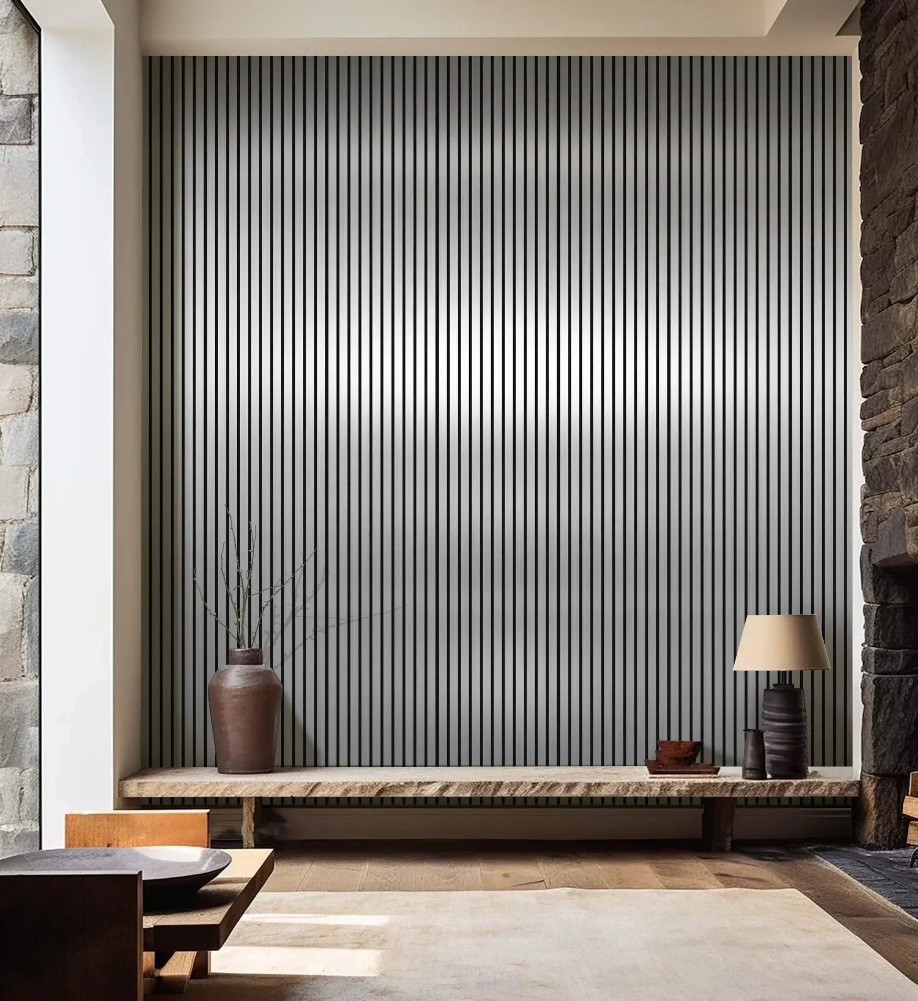 Metallic dark grey slatted wall panels installed on a modern living room wall, showing full wall coverage and sleek, contemporary design. solid furniture UK