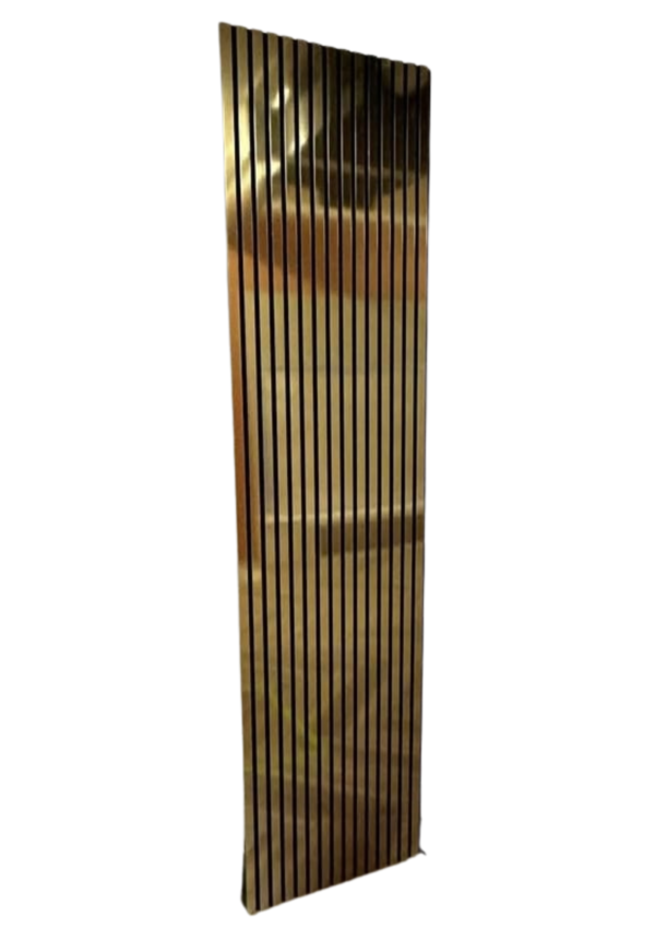 Close-up of 60x240cm Metallic Gold Acoustic Slatted Wall Panel by Solid Furniture LTD showing slat details and reflective metallic finish