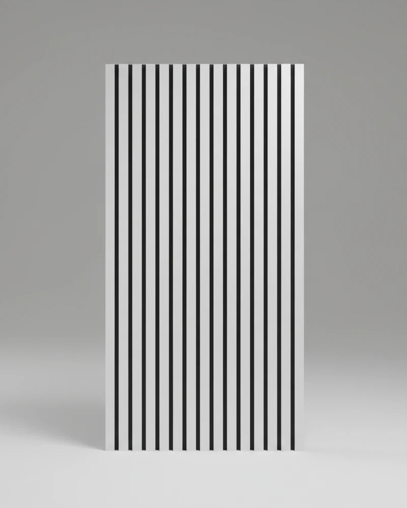 Close-up of metallic light grey acoustic wall panel 60x240cm UK highlighting slat detail and texture. solid furniture UK