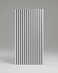 Close-up of metallic light grey acoustic wall panel 60x240cm UK highlighting slat detail and texture. solid furniture UK