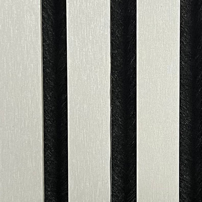 Full close-up view of metallic light grey acoustic wall panel 60x240cm UK showing detailed slatted texture and finish. solid furniture UK