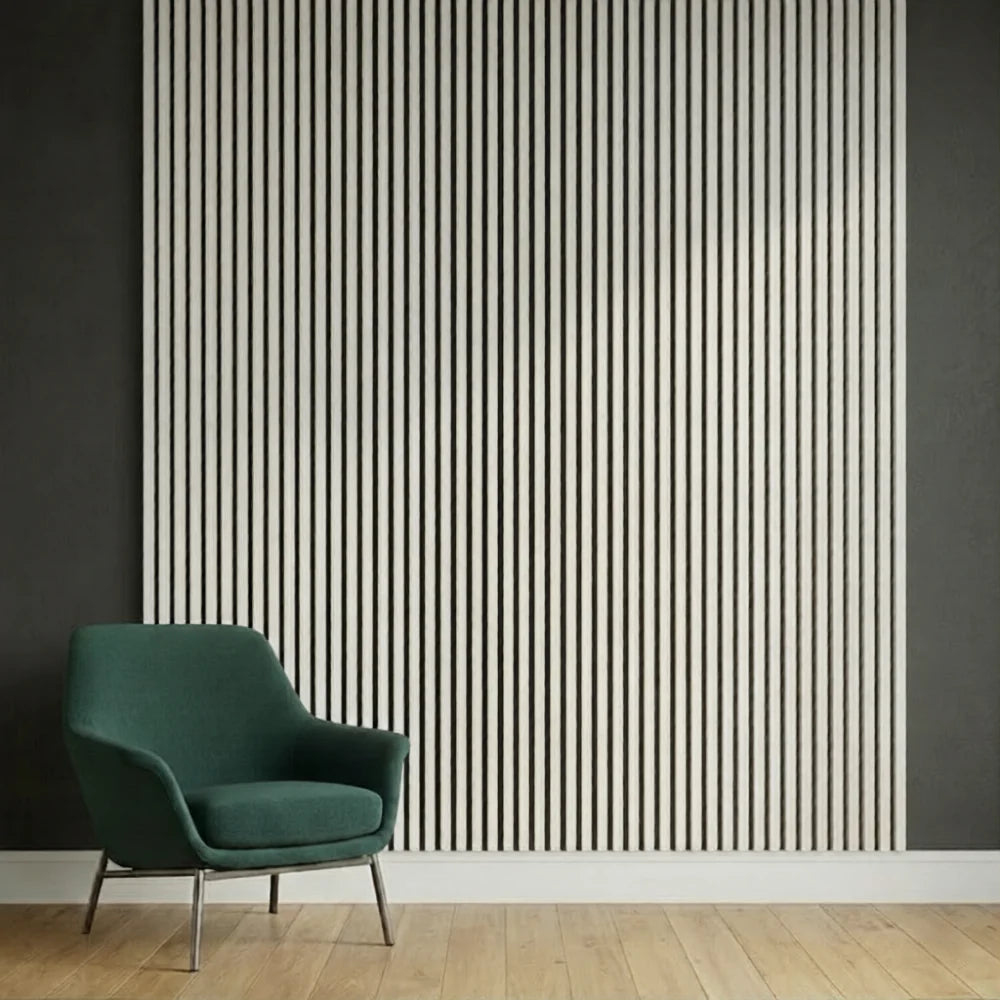 Metallic light grey wall panel 60x240cm UK main view showing modern slatted acoustic design. solid furniture UK