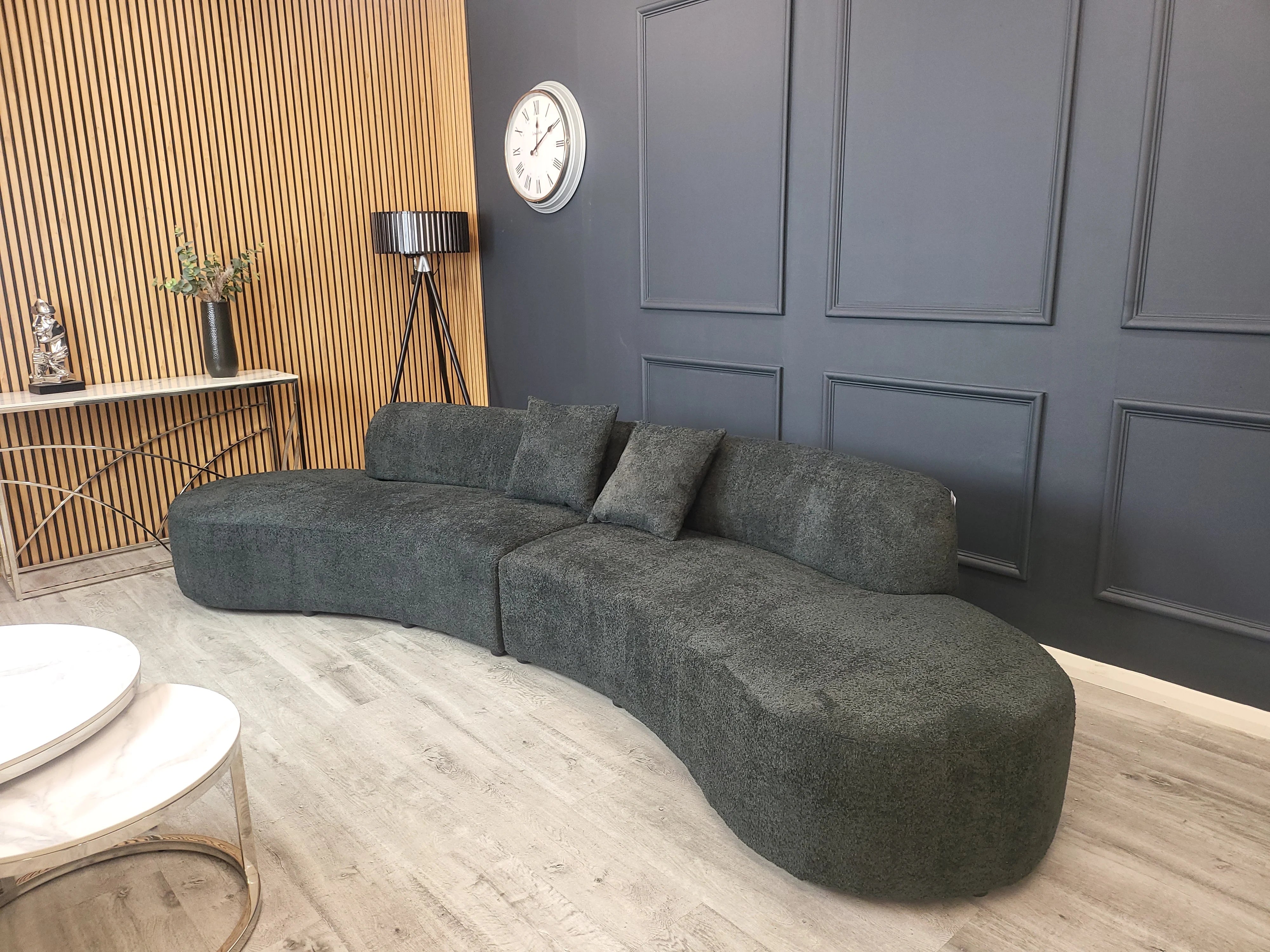 Miami Curved Cinema Bouclé Sofa in Black – Luxury 6-seater curved sofa with comfortable textured bouclé upholstery solid furniture UK