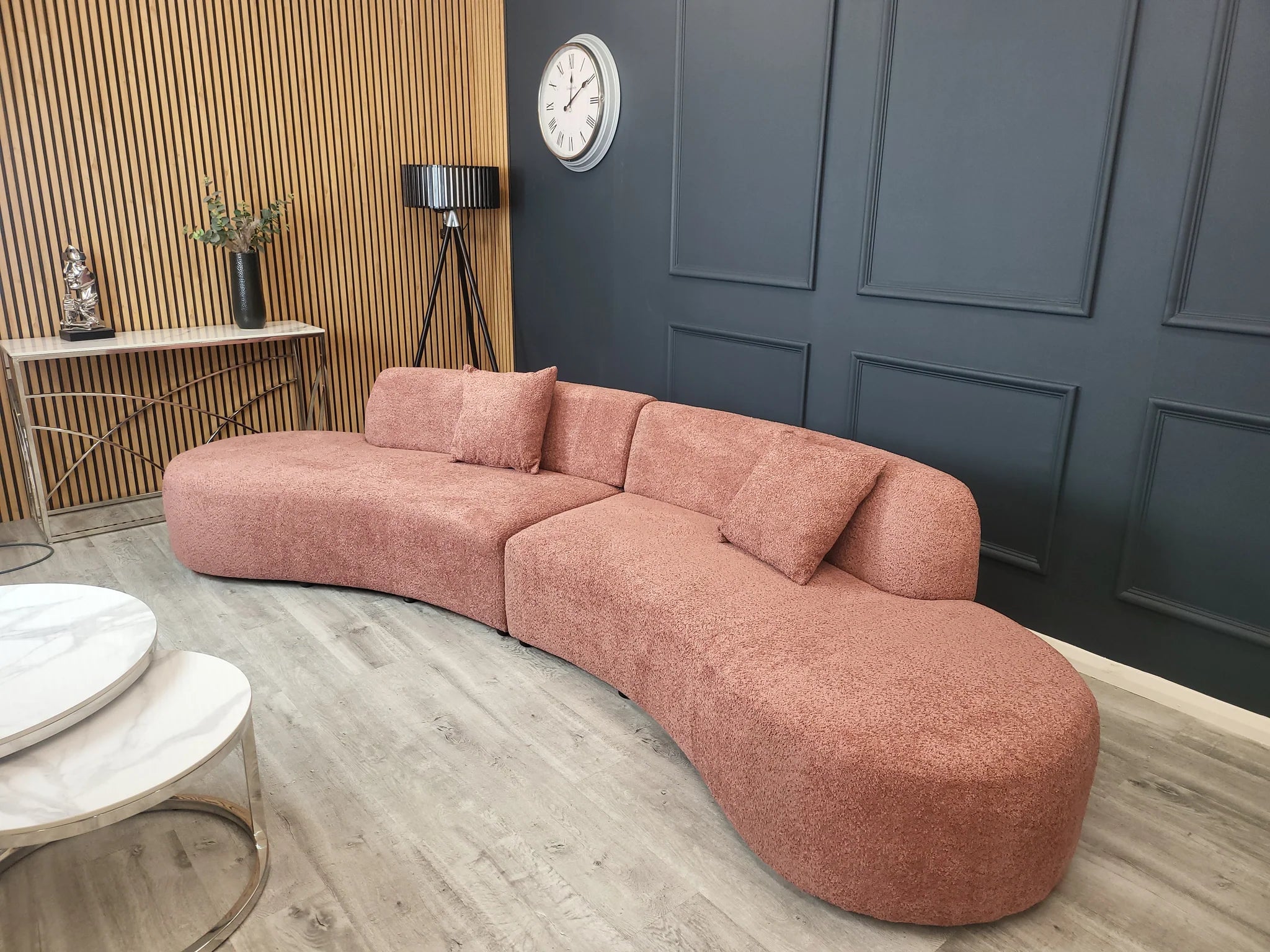 Miami Curved Cinema Bouclé Sofa in Blush – Spacious 6-seater sofa with elegant curves and soft bouclé fabric solid furniture UK