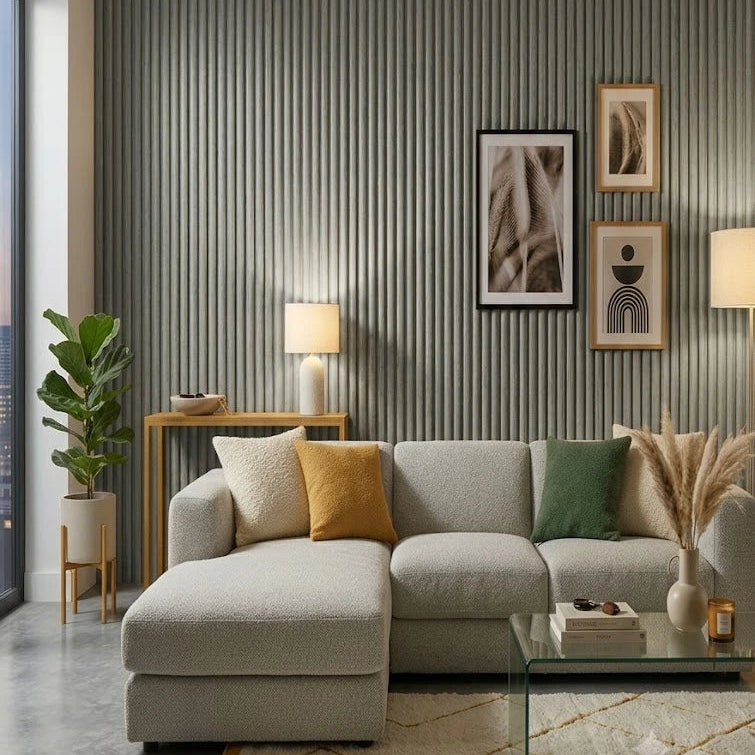 Mid Grey Fluted WPC Wall Panels 15x240cm by Solid Furniture UK installed on a modern living room feature wall