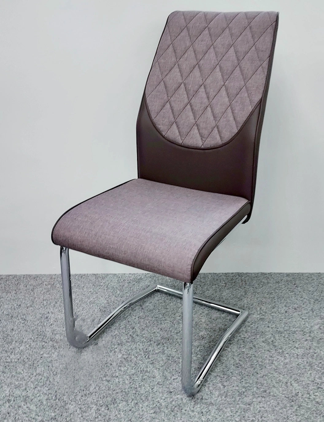 Set of Milan dining chairs with grey upholstered seats and chrome steel frames, comfortable modern chairs designed for luxury dining rooms – Solid Furniture UK