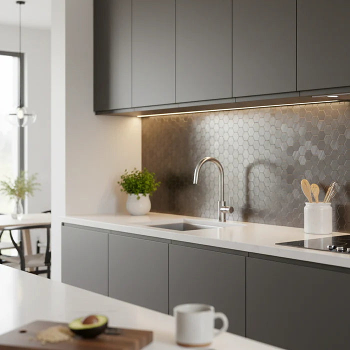 Black mini hexagon mosaic wall tiles 30 x 30cm pack of 10 by Solid Furniture LTD installed as kitchen backsplash