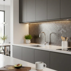 Black mini hexagon mosaic wall tiles 30 x 30cm pack of 10 by Solid Furniture LTD installed as kitchen backsplash