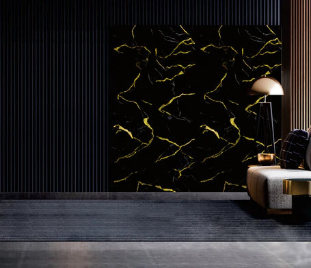 Mix gold black wall panels with wood-effect finish for modern kitchen and bathroom interiors