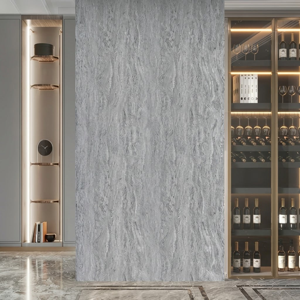Mixed grey marble PVC wall panels 60×240cm installed in a UK living room – Solid Furniture UK