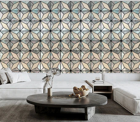 Geometric grey glitter wall panel fitted on a modern interior wall