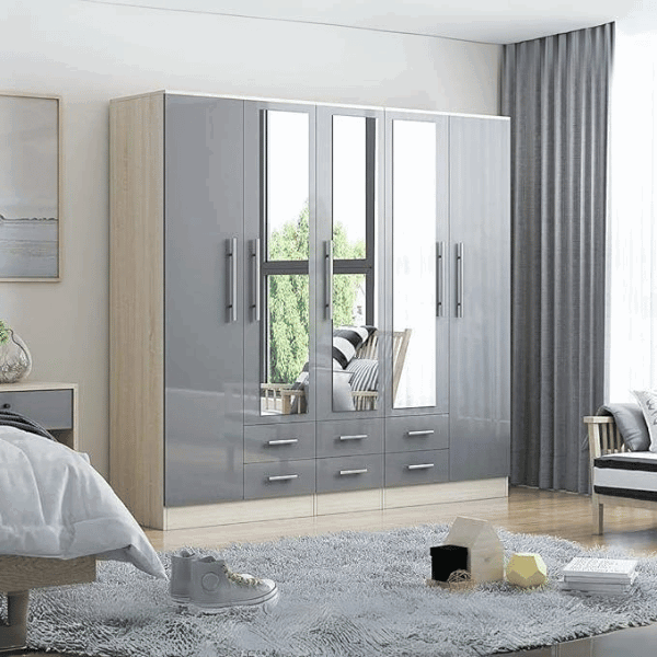 Modern grey gloss wardrobe with integrated drawers and mirrors for sleek bedroom organization