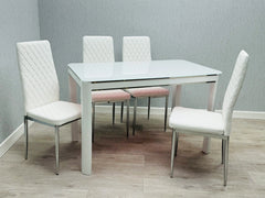 Morano Glass Dining Table with 4 California Chairs in White at Solid Furniture UK
