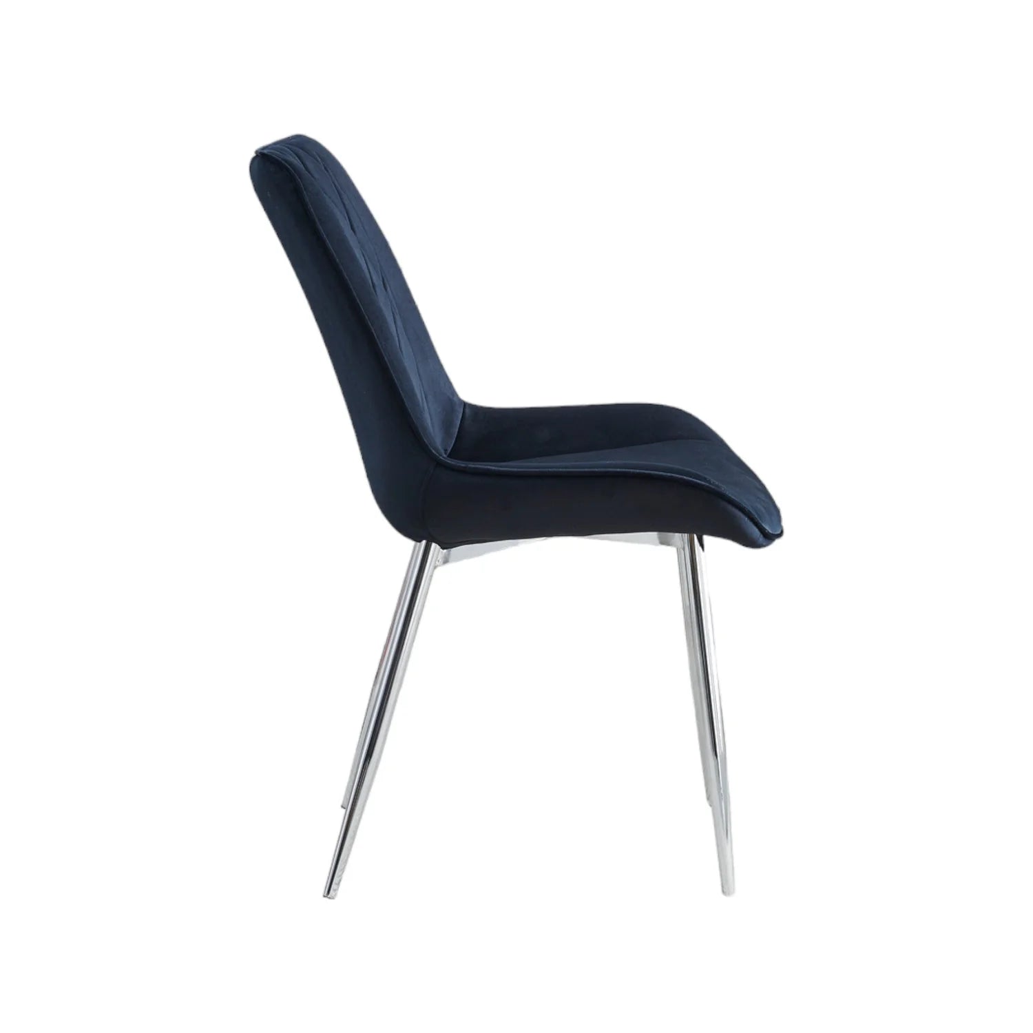 Side view of black velvet dining chair showing padded seat and chrome metal frame from Solid Furniture UK