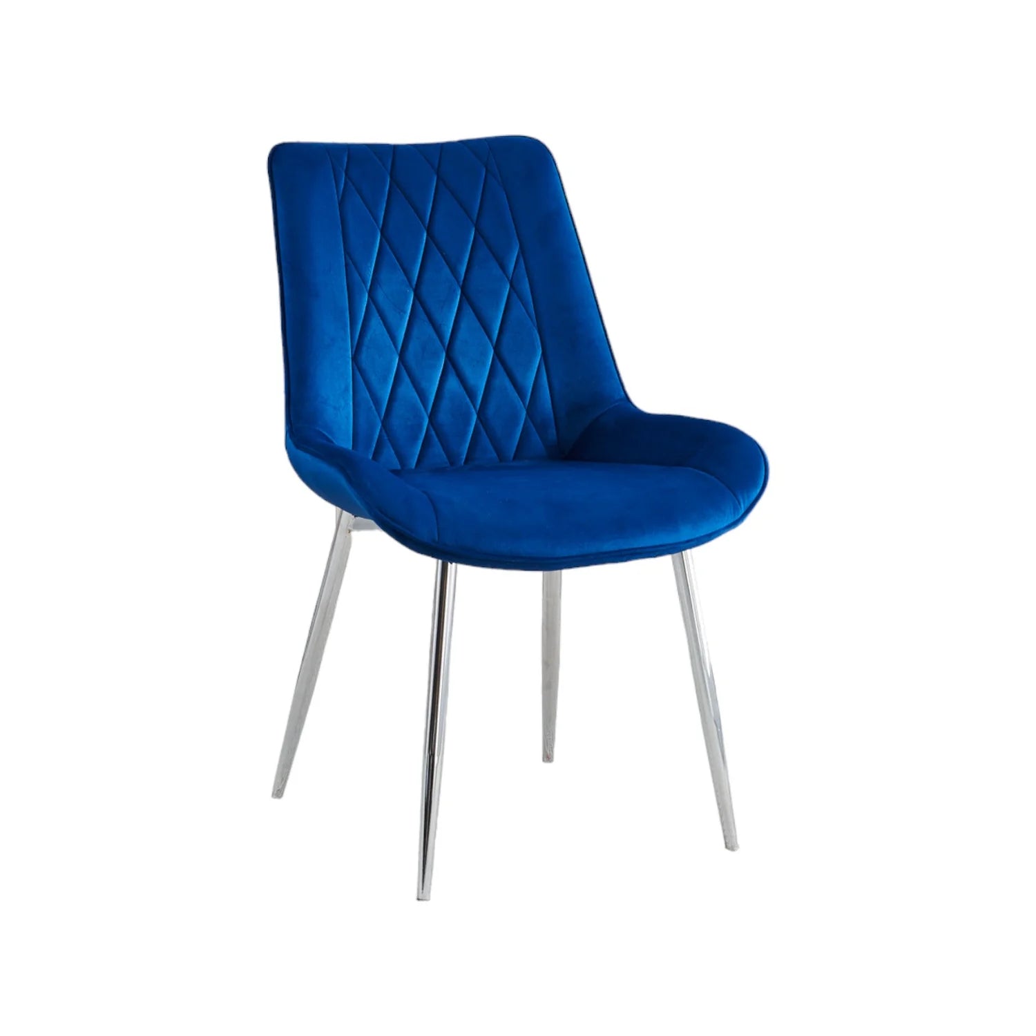 Side angle view of Mortiz navy velvet dining chair with modern chrome frame from Solid Furniture UK