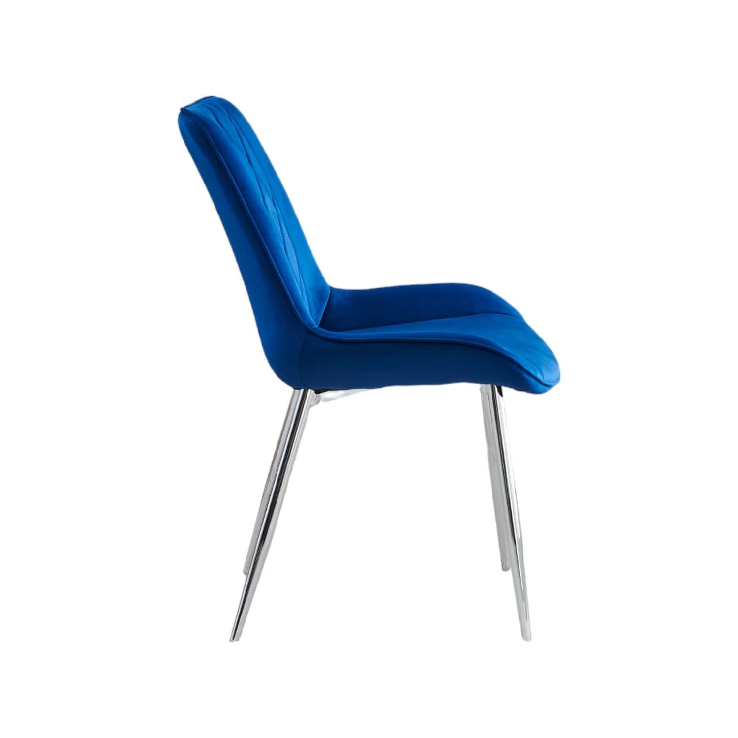 Side view of navy velvet dining chair showing padded upholstery and chrome legs from Solid Furniture UK