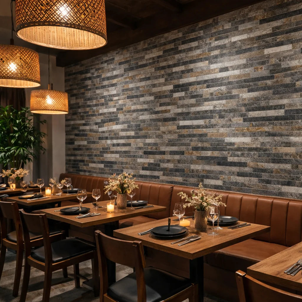 Mosaic wall tiles 30x30 cm pack of 10 installed in a restaurant interior, showcasing modern self-adhesive sheets from Solid Furniture LTD.