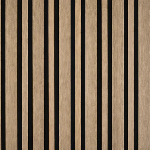 Close-up view of dark oak acoustic wall panels showing multi-width slat design and textured felt backing for sound absorption and modern finish