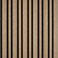 Close-up view of dark oak acoustic wall panels showing multi-width slat design and textured felt backing for sound absorption and modern finish