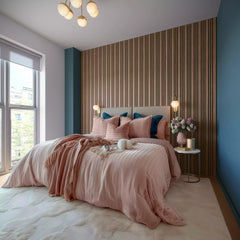 Dark oak multi-width acoustic wall panels installed in a modern living room feature wall creating a stylish and warm interior design solid furniture UK