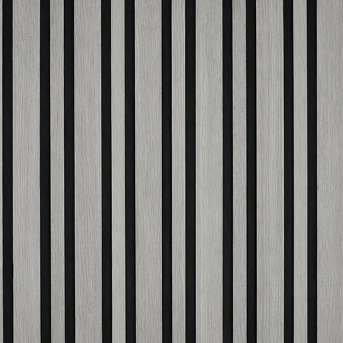 Close-up view of multi width light grey acoustic wall panel showing detailed slatted design, texture, and felt backing for modern interior styling and sound absorption. solid furniture UK