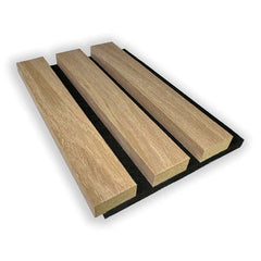 Close-up of natural oak acoustic slatted wall panel 60x240cm by Solid Furniture UK in the UK showing real wood grain and premium finish.