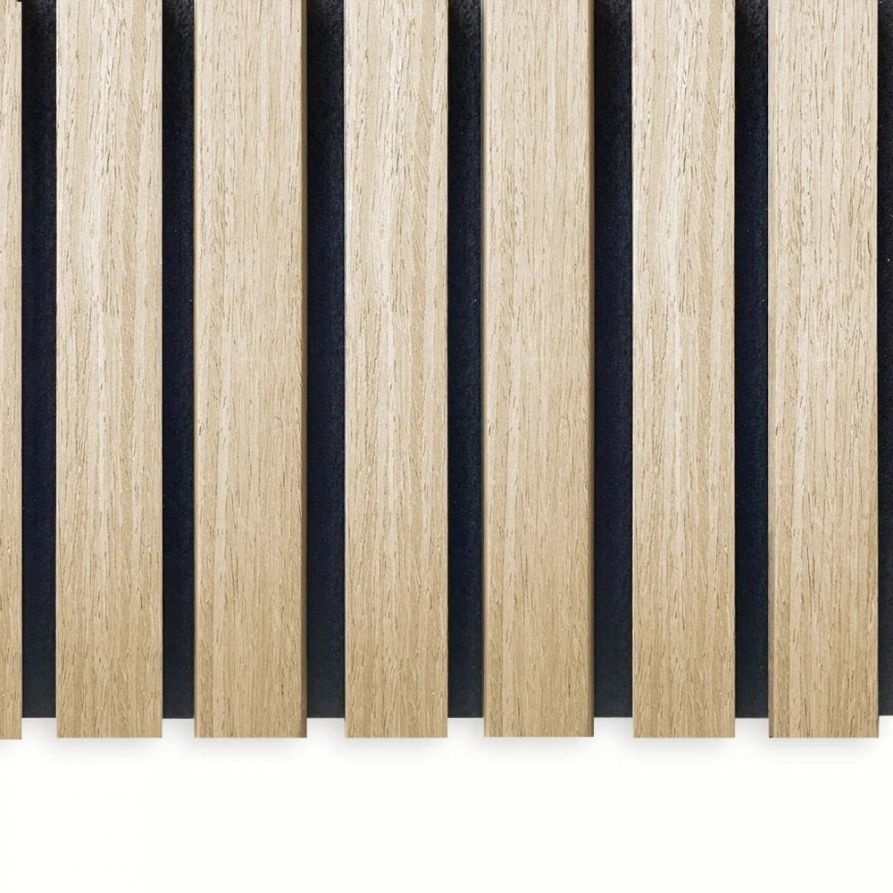 Natural oak acoustic slatted wall panels 60x240cm in a modern UK interior by Solid Furniture UK, combining natural elegance with sound absorption.