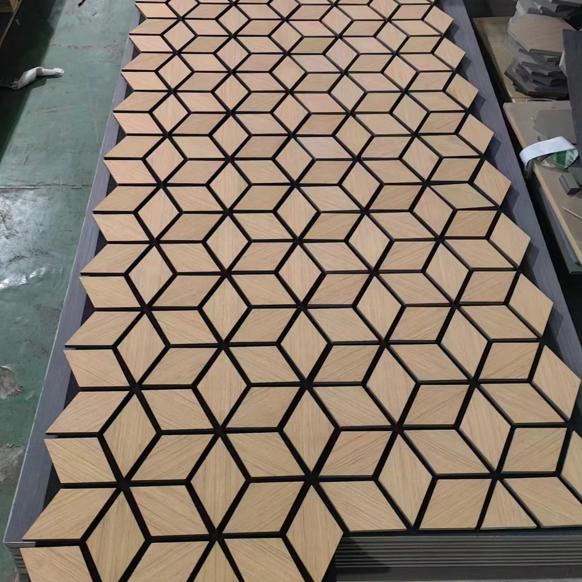 Close-up of 60x240 natural oak Blocks Wall Panel UK showing block-style slatted design, precise spacing, and high-density fiberboard construction. solid furniture UK