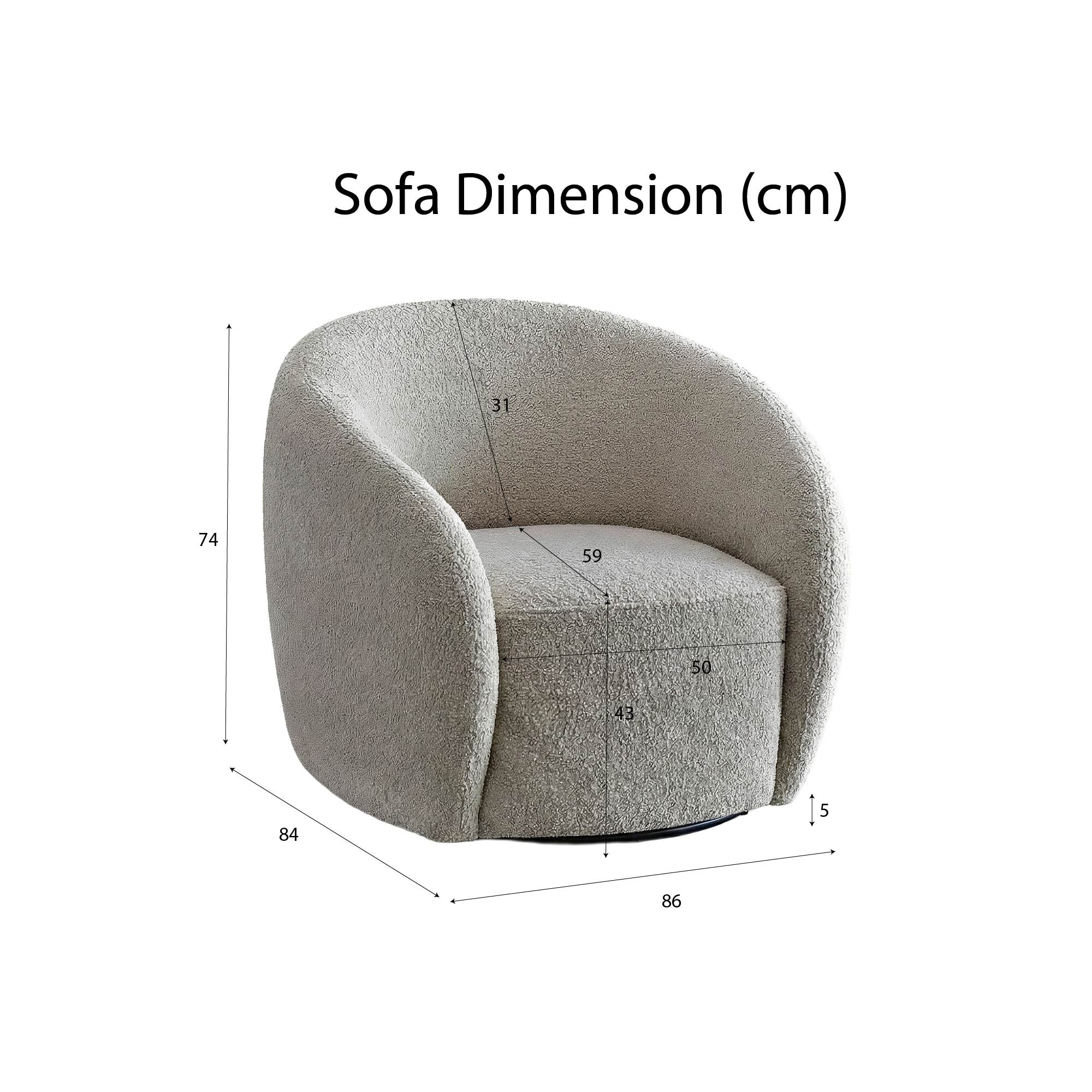 Nolita boucle accent chair dimensions showing overall size, seat height and depth | Solid Furniture UK