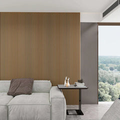 Side profile of 60x280 oak acoustic wall panel UK highlighting slat depth, spacing, and high-density fiberboard construction solid furniture UK