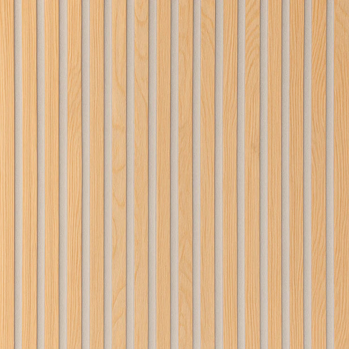 Close-up of real oak veneer acoustic slatted wall panel with grey felt backing, showing premium wood grain texture and precise slat spacing. solid furniture UK