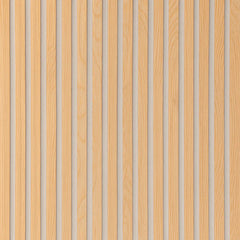 Close-up of real oak veneer acoustic slatted wall panel with grey felt backing, showing premium wood grain texture and precise slat spacing. solid furniture UK