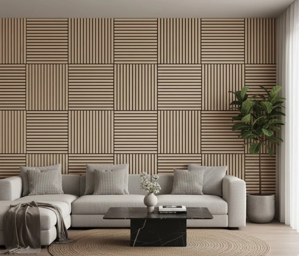 Modern living room featuring oak square acoustic wood wall panels with slatted design, installed in a geometric pattern for sound absorption and contemporary interior style.