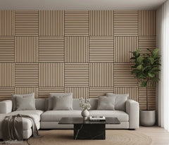 Modern living room featuring oak square acoustic wood wall panels with slatted design, installed in a geometric pattern for sound absorption and contemporary interior style.