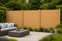 Oak Composite Fence Panels Installed Around a Contemporary Patio Area from Solid Furniture UK