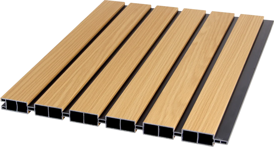 Close-up view of oak composite fence panels showcasing the premium finish from Solid Furniture UK.