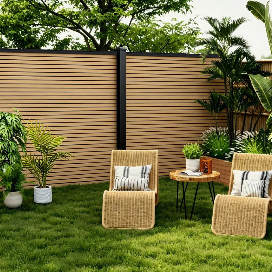 Oak composite fence panels installed in a landscaped garden by Solid Furniture UK.
