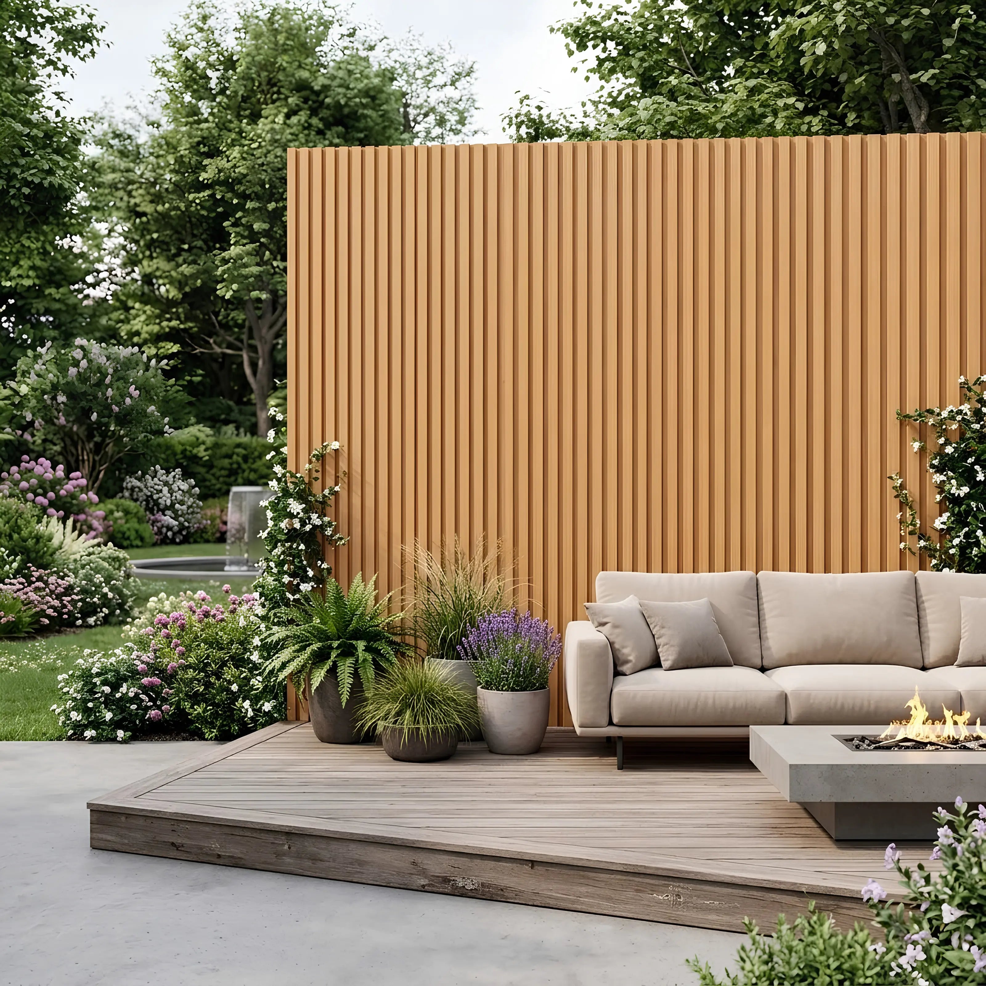 Oak effect WPC wall panels 16x240cm pack of 12 installed in a garden by Solid Furniture UK