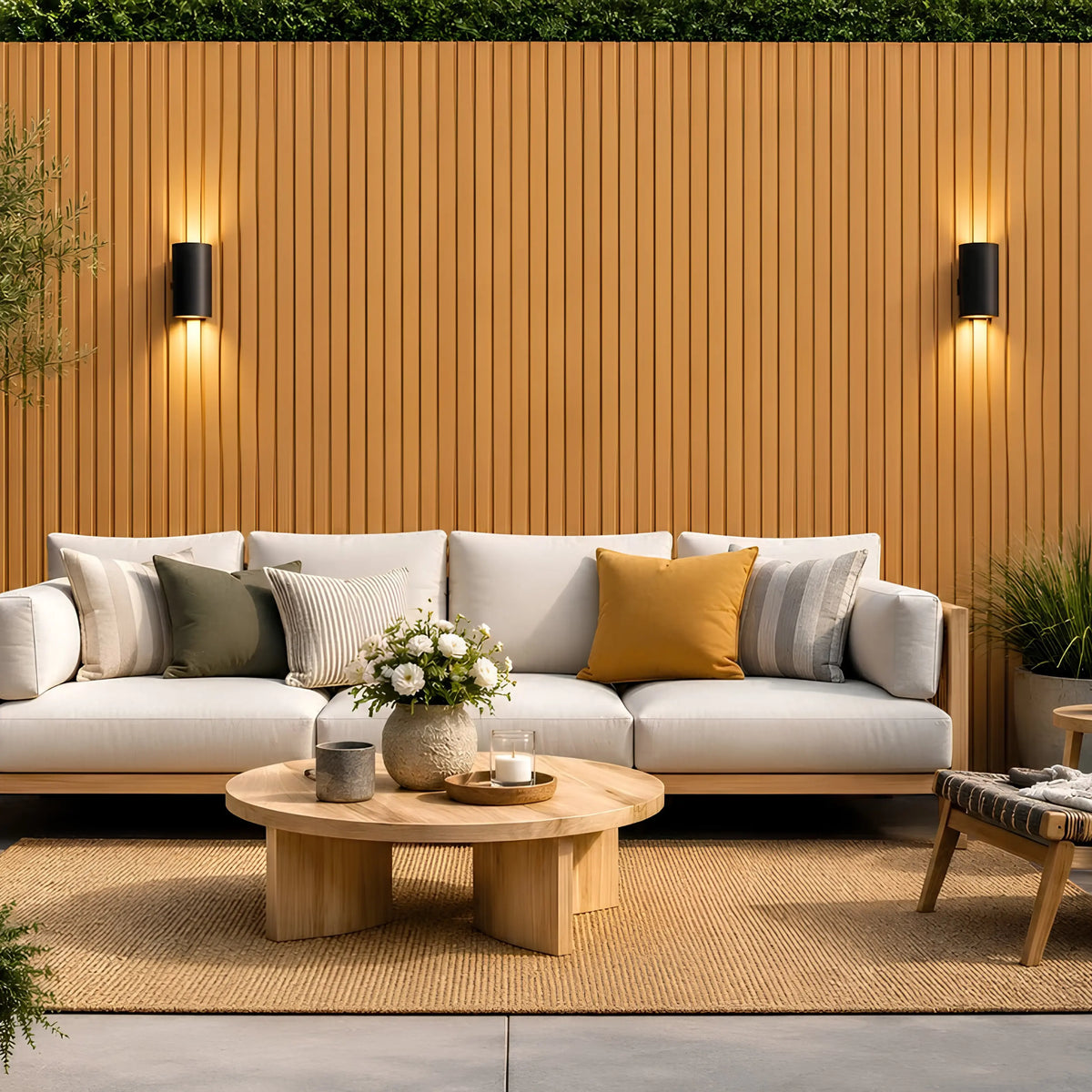 Oak effect WPC wall panels 16x240cm pack of 12 installed on a patio by Solid Furniture UK