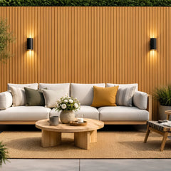 Oak effect WPC wall panels 16x240cm pack of 12 installed on a patio by Solid Furniture UK