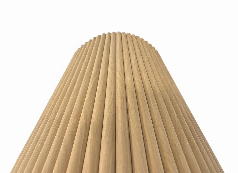 Close-up of Oak Flute flexible wall panel showing authentic oak veneer slats, smooth surface, and high-quality craftsmanship. solid furniture UK
