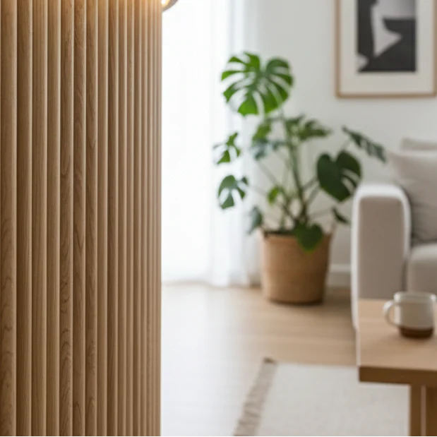 Side view of Oak Flute flexible wood veneer panel illustrating thickness, flexible backing, and seamless edge wrap for curved or corner installations. solid furniture UK